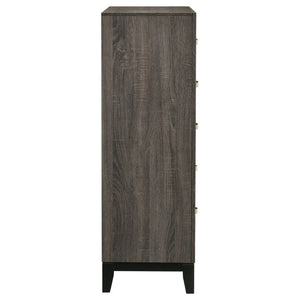 English Elm Sutter Grey Oak Panel Bedroom Set with Vertical Groove Detail and Nickel Hardware B2777S00108