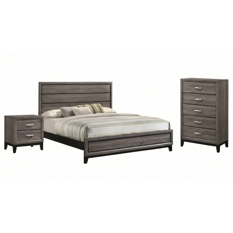 English Elm Sutter Grey Oak Panel Bedroom Set with Vertical Groove Detail and Nickel Hardware B2777S00108