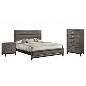 English Elm Sutter Grey Oak Panel Bedroom Set with Vertical Groove Detail and Nickel Hardware B2777S00108