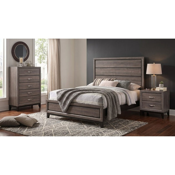 English Elm Sutter Grey Oak Three Piece Bedroom Set with Vertical Groove Panel Bed and Storage B2777S00109