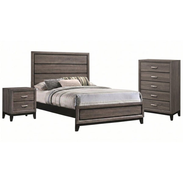 English Elm Sutter Grey Oak Three Piece Bedroom Set with Vertical Groove Panel Bed and Storage B2777S00109