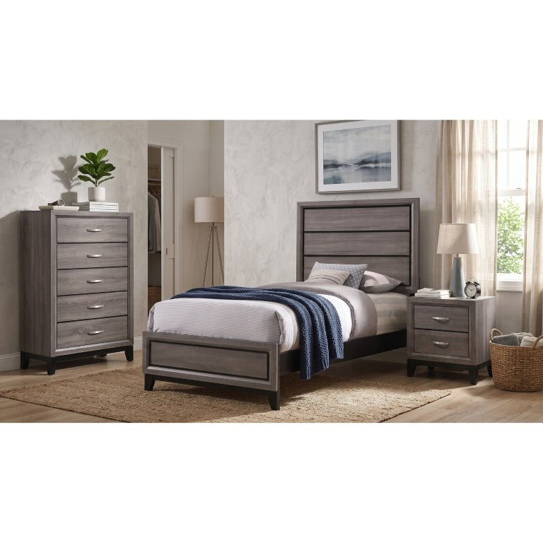 English Elm Sutter Grey Oak Twin Bedroom Set with Panel Bed Nightstand and Five Drawer Chest B2777S00110