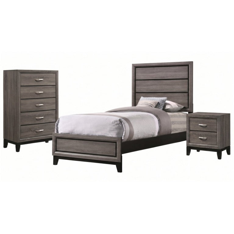 English Elm Sutter Grey Oak Twin Bedroom Set with Panel Bed Nightstand and Five Drawer Chest B2777S00110