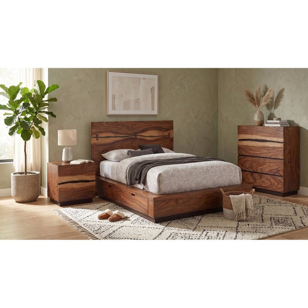 English Elm Ashcombe Smokey Walnut Queen Bedroom Set with Live Edge Bed and Storage Chest B2777S00114