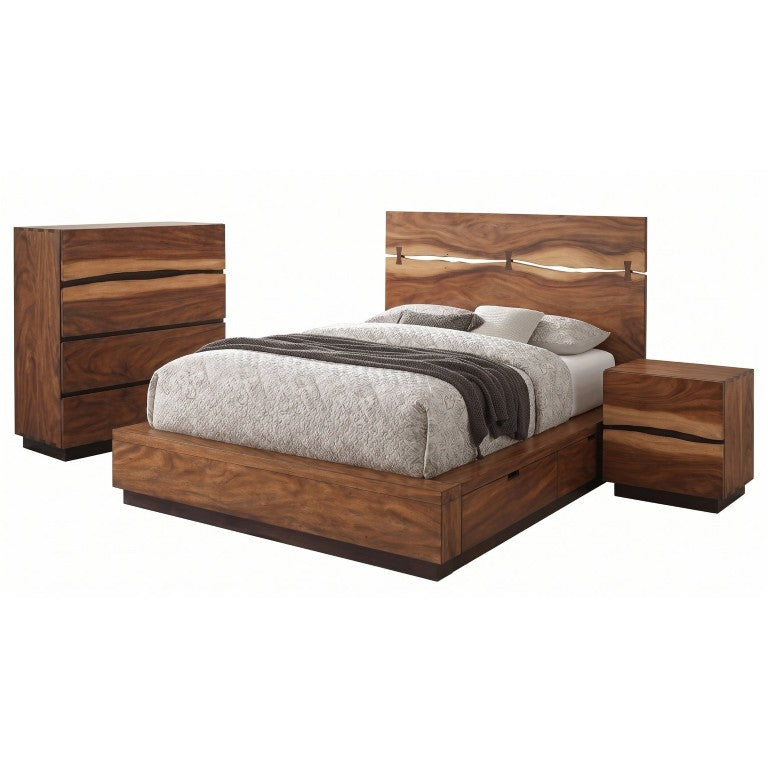 English Elm Ashcombe Smokey Walnut King Bedroom Set with Live Edge Design and Hidden Storage B2777S00115