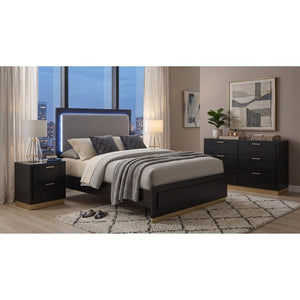 English Elm Saffron Queen Panel Bed Set Matte Black Finish Gold Hardware LED Headboard 3 Piece B2777S00133