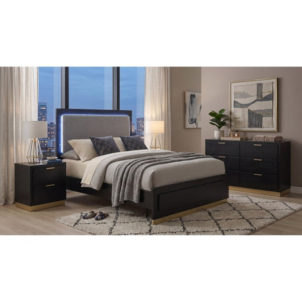 English Elm Saffron Queen Panel Bed Set Matte Black Finish Gold Hardware LED Headboard 3 Piece B2777S00133