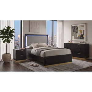 English Elm Saffron Queen Panel Bed Set Matte Black Finish Gold Hardware LED Headboard 3 Piece B2777S00133
