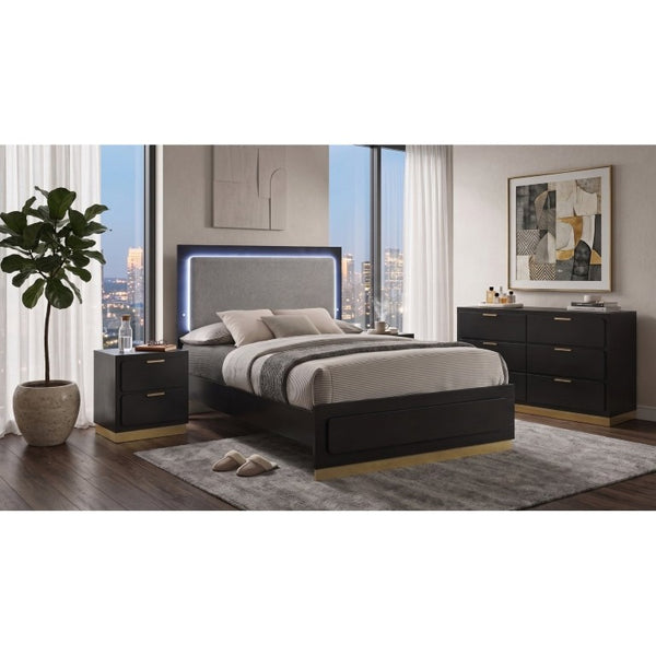 English Elm Saffron Queen Panel Bed Set Matte Black Finish Gold Hardware LED Headboard 3 Piece B2777S00133