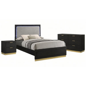 English Elm Saffron Queen Panel Bed Set Matte Black Finish Gold Hardware LED Headboard 3 Piece B2777S00133