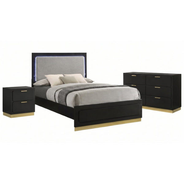 English Elm Saffron Queen Panel Bed Set Matte Black Finish Gold Hardware LED Headboard 3 Piece B2777S00133