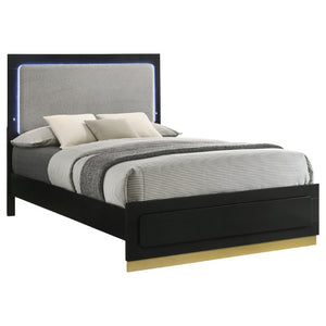 English Elm Saffron Queen Panel Bed Set Matte Black Finish Gold Hardware LED Headboard 3 Piece B2777S00133