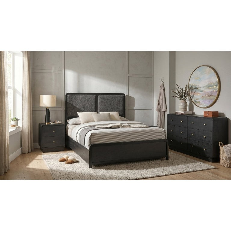English Elm Delacroix Contemporary Black King Bedroom Set with Brass Knobs and Chenille Panels B2777S00137