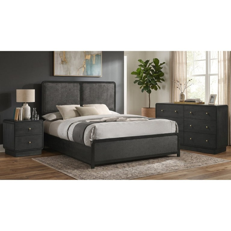 English Elm Delacroix Contemporary Black King Bedroom Set with Brass Knobs and Chenille Panels B2777S00137