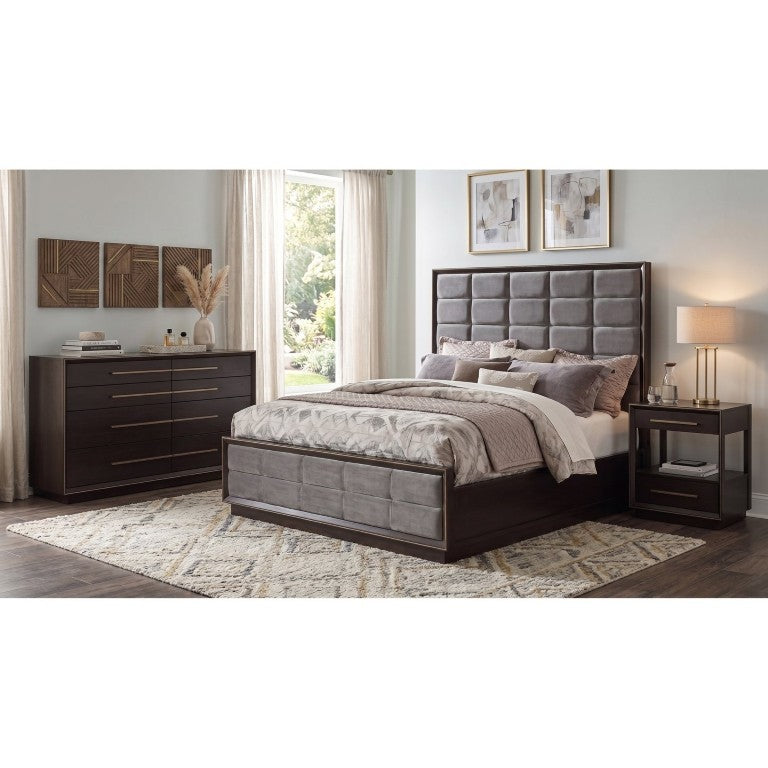 English Elm Sonora Contemporary King Bedroom Set with Grey Upholstered Panels and Peppercorn Finish B2777S00138