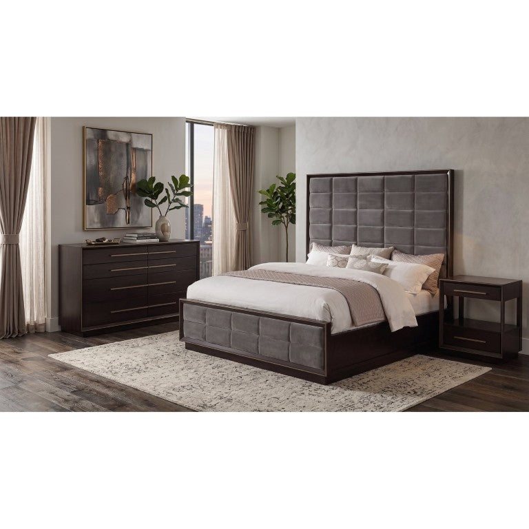 English Elm Sonora Contemporary King Bedroom Set with Grey Upholstered Panels and Peppercorn Finish B2777S00138