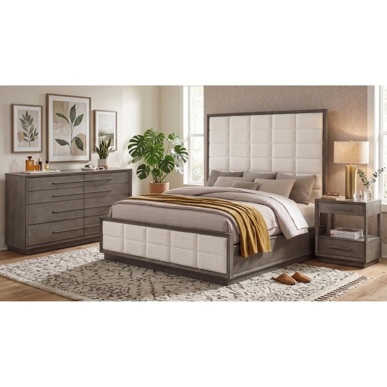 English Elm Sonora Eastern King Bedroom Set with Tufted Headboard and Taupe Oak Cabinetry B2777S00139