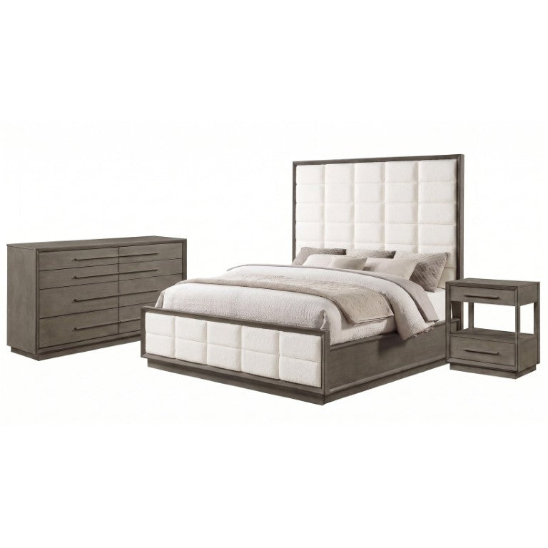 English Elm Sonora Eastern King Bedroom Set with Tufted Headboard and Taupe Oak Cabinetry B2777S00139