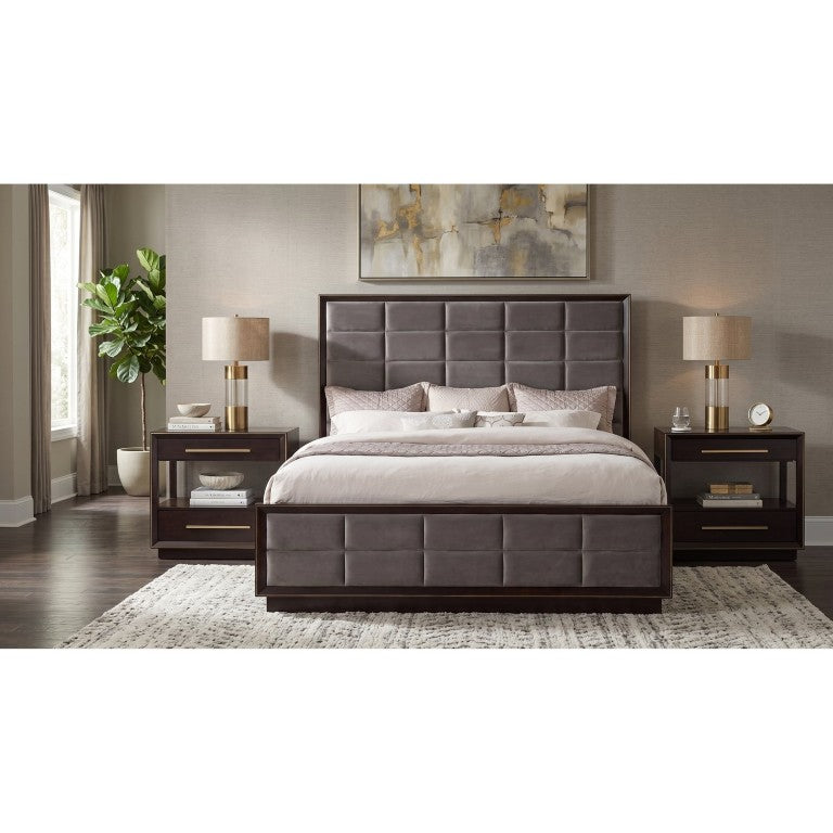 English Elm Sonora King Bedroom Set with Upholstered Headboard and Smoked Wood Nightstands B2777S00148