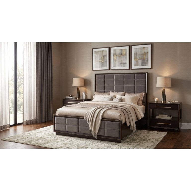 English Elm Sonora King Bedroom Set with Upholstered Headboard and Smoked Wood Nightstands B2777S00148