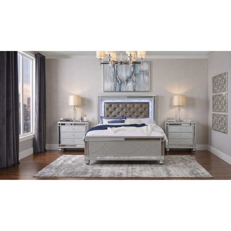 English Elm Telluride Queen Bedroom Set with LED Headboard Crystal Tufting and Mirrored Glam Accents B2777S00159