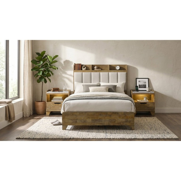 English Elm Whitfield Eastern King Bedroom Set Oak Grain Upholstered Headboard with Built-In LED Lighting B2777S00162