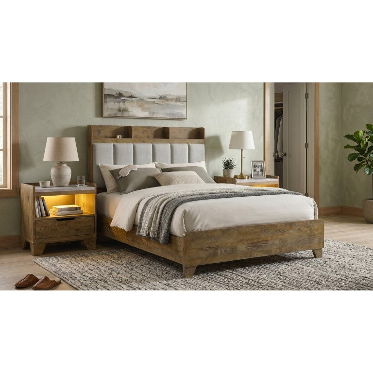 English Elm Whitfield Eastern King Bedroom Set Oak Grain Upholstered Headboard with Built-In LED Lighting B2777S00162