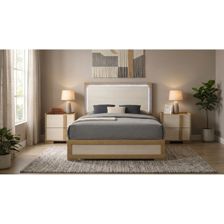 English Elm Highmoor Queen Bedroom Set with LED Headboard Natural Wood and White Panel Design B2777S00164
