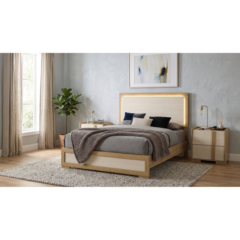 English Elm Highmoor Queen Bedroom Set with LED Headboard Natural Wood and White Panel Design B2777S00164