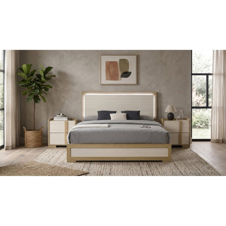 English Elm Highmoor Natural Wood Panel Bedroom Set with LED Headboard and Two Nightstands B2777S00165