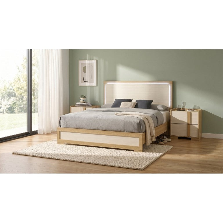 English Elm Highmoor Natural Wood Panel Bedroom Set with LED Headboard and Two Nightstands B2777S00165