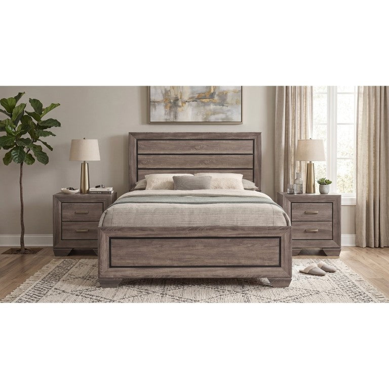 English Elm Brennan Queen Panel Bed Set with Taupe Oak Finish Planked Headboard and Nightstands B2777S00167