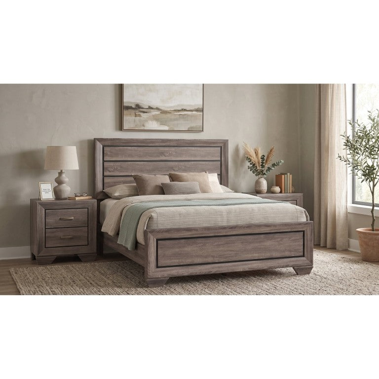 English Elm Brennan Queen Panel Bed Set with Taupe Oak Finish Planked Headboard and Nightstands B2777S00167
