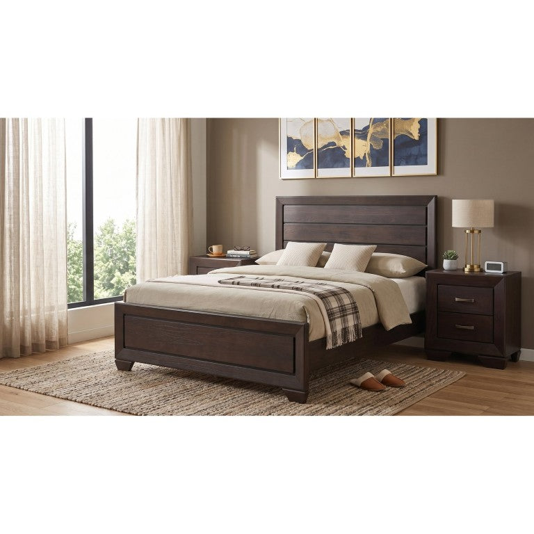 English Elm Brennan Eastern King Bedroom Set with Upholstered Headboard and Antique Brass Nightstands B2777S00171