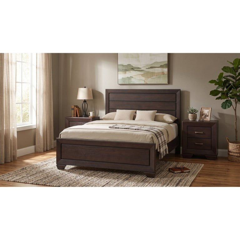 English Elm Brennan Eastern King Bedroom Set with Upholstered Headboard and Antique Brass Nightstands B2777S00171