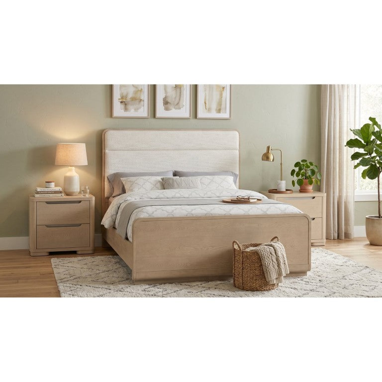 English Elm Serrano Queen Bedroom Set Bouclé Headboard Light Elm Nightstands Modern Retreat B2777S00177