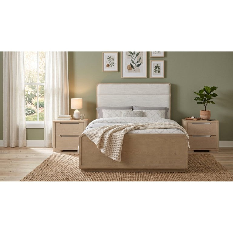 English Elm Serrano Queen Bedroom Set Bouclé Headboard Light Elm Nightstands Modern Retreat B2777S00177