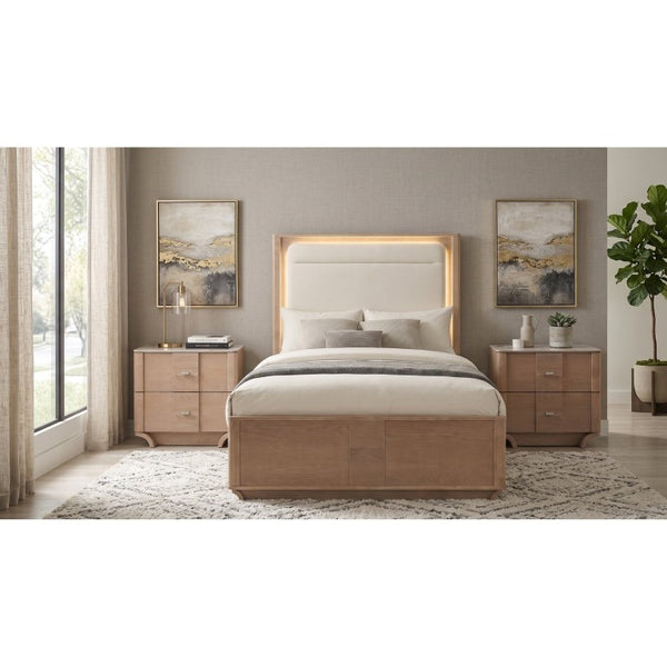 English Elm Adeline Queen Bedroom Set with LED Headboard Sintered Stone Nightstands Light Oak B2777S00180