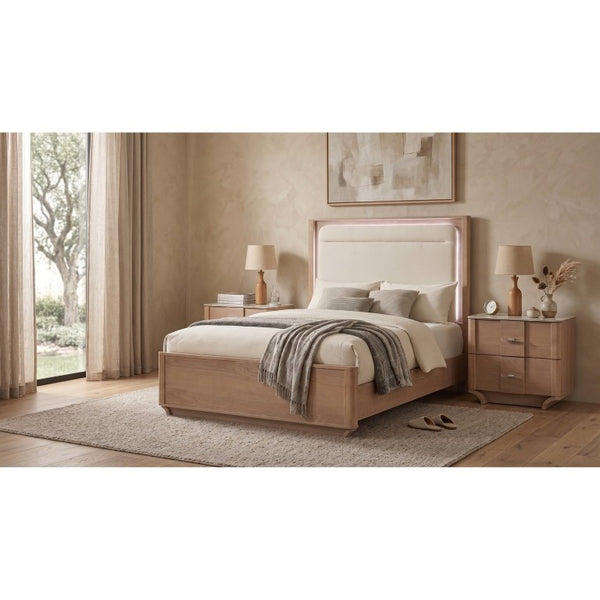 English Elm Adeline Queen Bedroom Set with LED Headboard Sintered Stone Nightstands Light Oak B2777S00180
