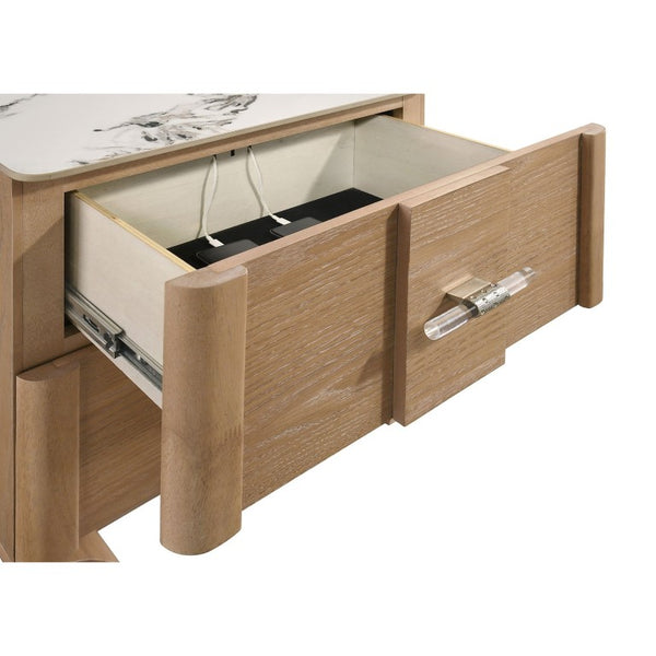 English Elm Adeline Queen Bedroom Set with LED Headboard Sintered Stone Nightstands Light Oak B2777S00180