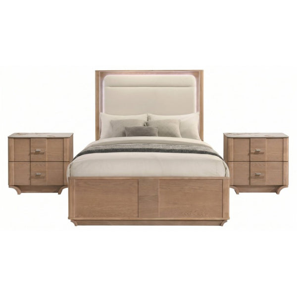 English Elm Adeline Queen Bedroom Set with LED Headboard Sintered Stone Nightstands Light Oak B2777S00180