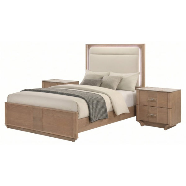 English Elm Adeline Queen Bedroom Set with LED Headboard Sintered Stone Nightstands Light Oak B2777S00180