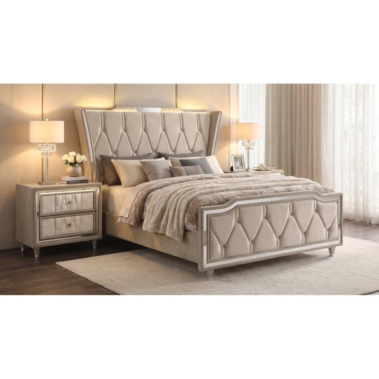 English Elm Provence Velvet Tufted Queen Bedroom Set with LED Lighting and USB Charging Ports B2777S00182