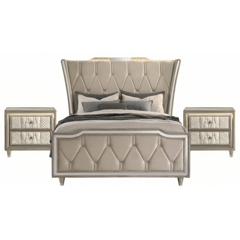 English Elm Provence Velvet Tufted Queen Bedroom Set with LED Lighting and USB Charging Ports B2777S00182