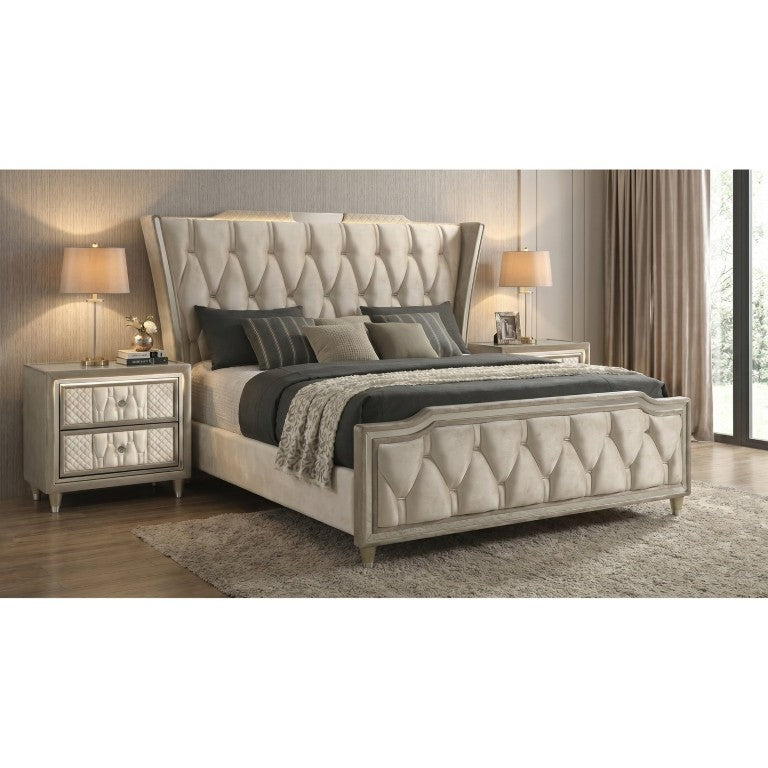 English Elm Provence Velvet Wingback Eastern King Bedroom Set with LED Lighting and Tufted Headboard B2777S00183