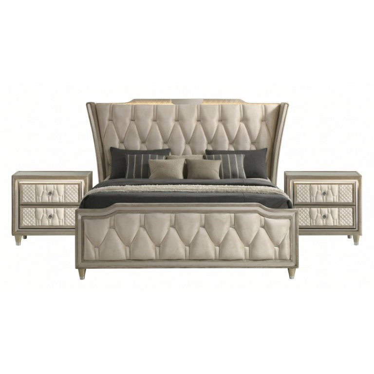 English Elm Provence Velvet Wingback Eastern King Bedroom Set with LED Lighting and Tufted Headboard B2777S00183