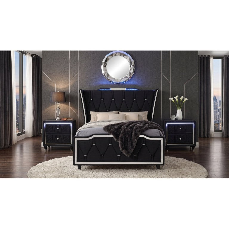 English Elm Provence Queen Wingback Bed Set Velvet Tufted Headboard LED Lighting Nightstands B2777S00184