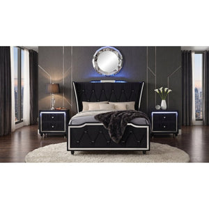 English Elm Provence Queen Wingback Bed Set Velvet Tufted Headboard LED Lighting Nightstands B2777S00184