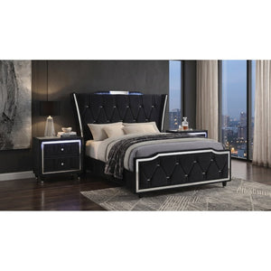 English Elm Provence Queen Wingback Bed Set Velvet Tufted Headboard LED Lighting Nightstands B2777S00184
