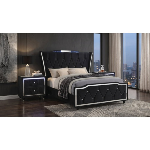 English Elm Provence Queen Wingback Bed Set Velvet Tufted Headboard LED Lighting Nightstands B2777S00184